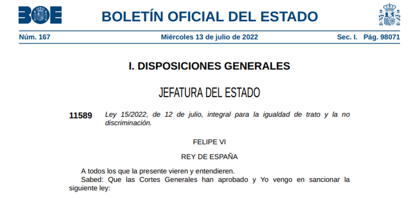 Llei Orgànica 15/2022, de 12 de juliol, integral per a la igualtat de tracte i la no discriminació