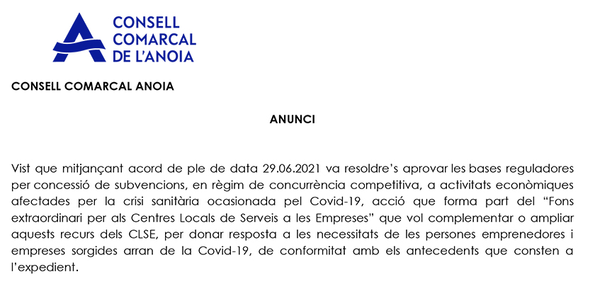 Ajuts econòmics a empreses de l’Anoia afectades per la covid-19